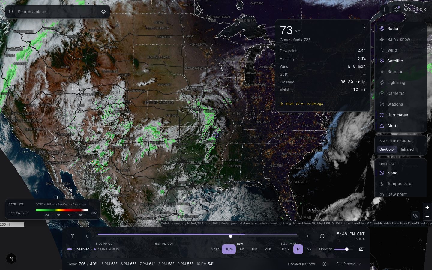 GOES satellite imagery beneath radar over the southeastern United States
